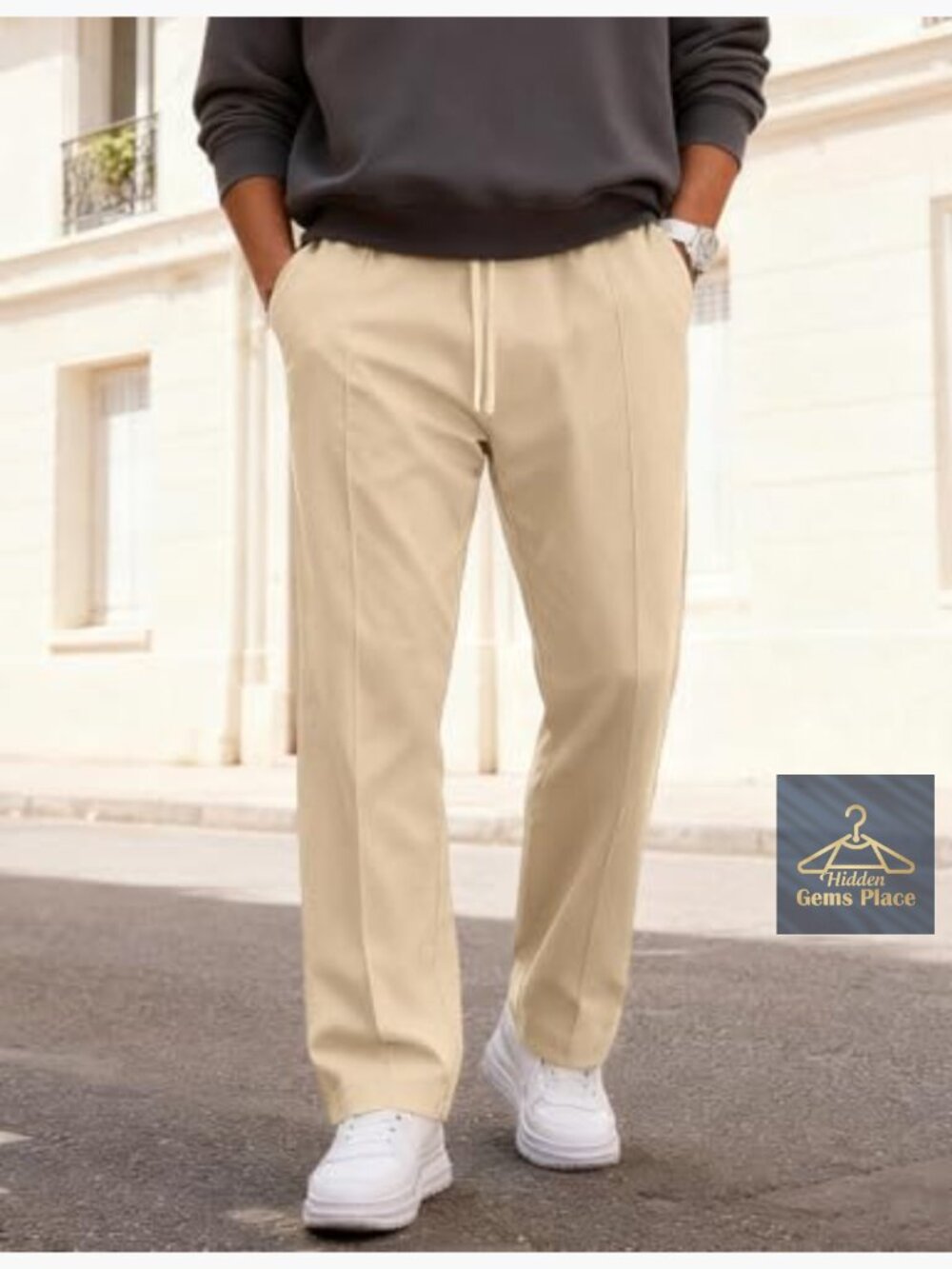 Men's Elastic Waist Lightweight Loose Fit Pleated Casual Pants Tapered Cropped - Picture 3 of 7